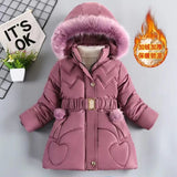 Load image into Gallery viewer, Girls Heart Pattern Winter Jacket with Removable Hood &amp; Belt [2-8Y]