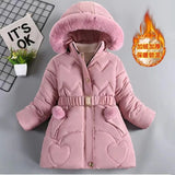 Load image into Gallery viewer, Girls Heart Pattern Winter Jacket with Removable Hood &amp; Belt [2-8Y]