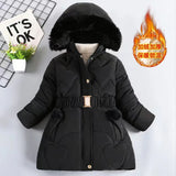 Load image into Gallery viewer, Girls Heart Pattern Winter Jacket with Removable Hood &amp; Belt [2-8Y]